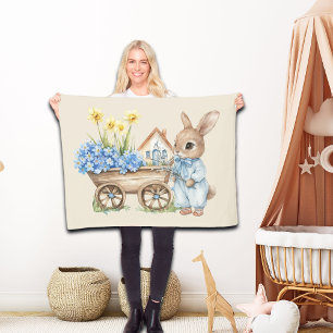 Couverture Polaire Lapin personnalisé avec fleurs bleues