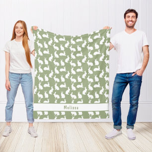 Couverture Polaire Lapin Sage Vert Et Blanc Motif Et Nom Pâques