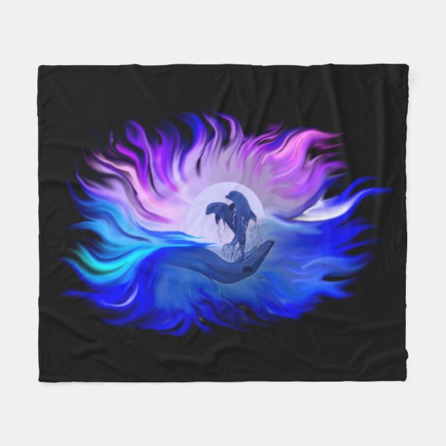 Couverture Polaire Les dauphins au clair de lune (Devant (Horizontal))