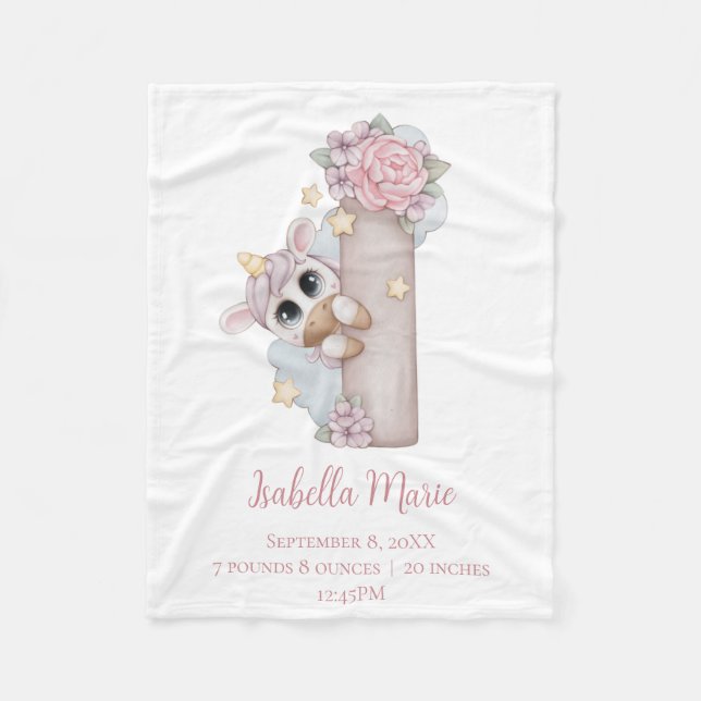 Couverture Polaire Lettre Unicorn Monogramme I Pink Baby Girl Cadeau  (Devant)