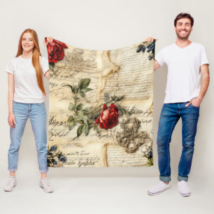 Couverture Polaire Lettre vintage d'amour parchemin avec fleurs (9)
