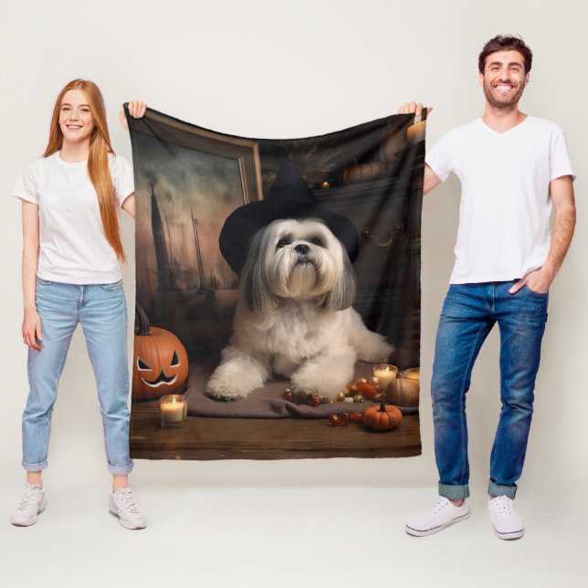 Couverture Polaire Lhasa Apso Citrouille Halloween effrayant (En situation)