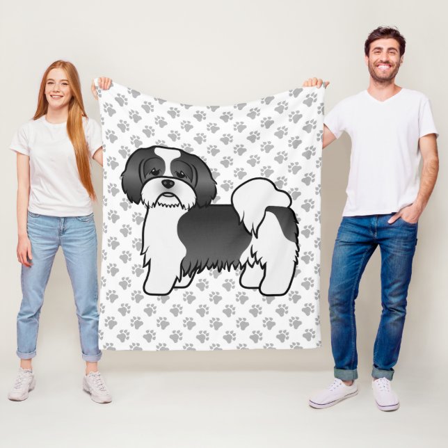 Couverture Polaire Lhassa Apso, Noir Et Blanc, Joli Chien De Caricatu (En situation)