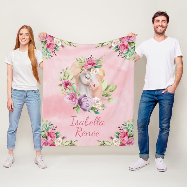 Couverture Polaire Licorne florale personnalisée d'aquarelle (En situation)