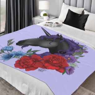 Couverture Polaire Licorne noire fleurs de jardin de minuit violet