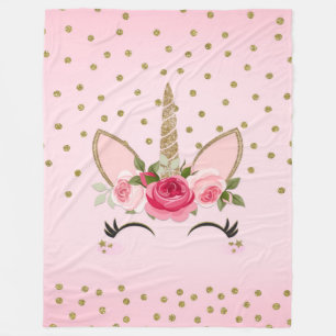 Couverture Polaire Licorne Tendance Paillettes Dorées & Fleurs Roses