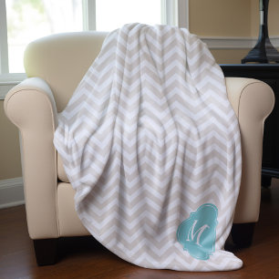 Couverture Polaire Lin Beige et Mint Zigzag Motif Monogramme