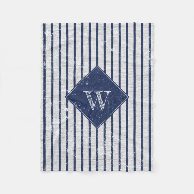 Couverture Polaire Lin gris rustique et rayures bleu marine Monogramm (Devant)