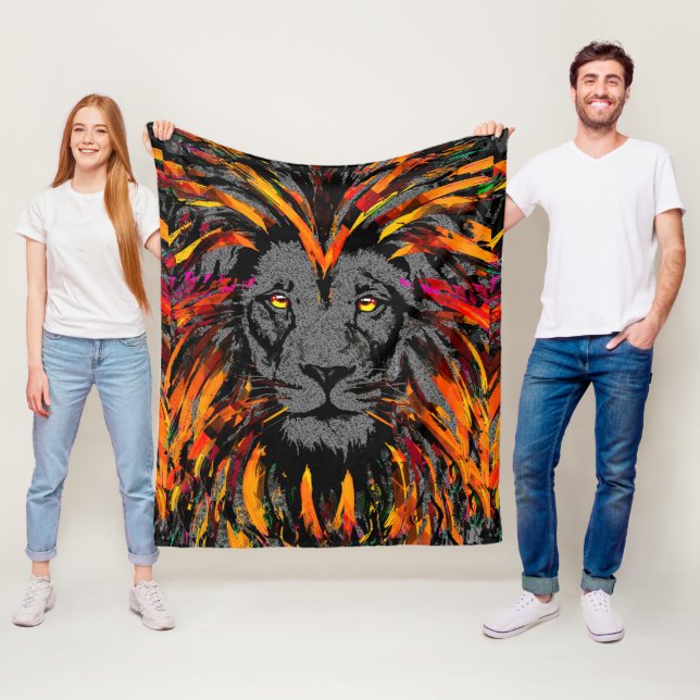 Couverture Polaire Lion Fleece Blanche | Tête de lion foncé orange (En situation)