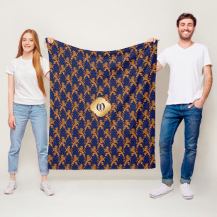 Couverture Polaire Lion médiéval Blue Fleur de Lis d'or