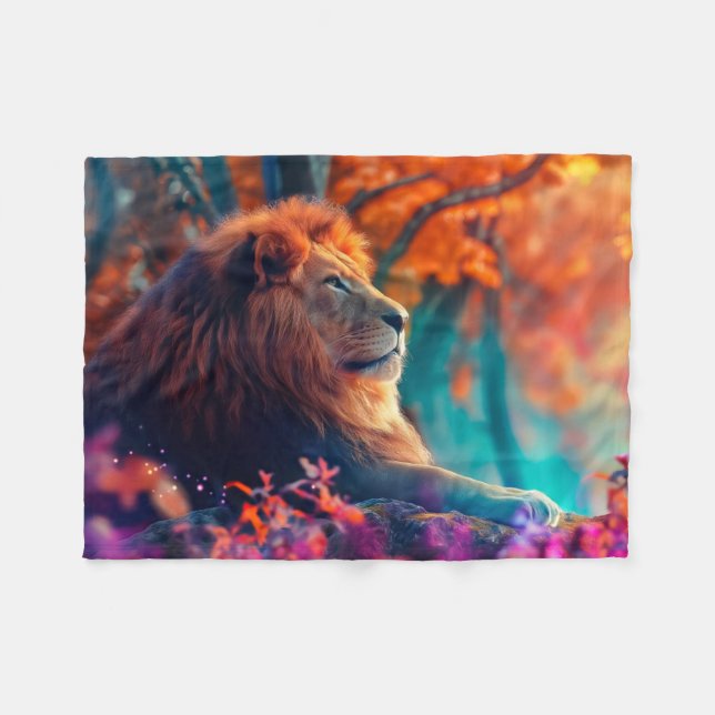 Couverture Polaire Lion Royal dans le design de la Forêt Enchantée (Devant (Horizontal))