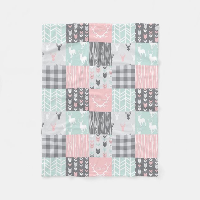 Couverture Polaire Little One Patchwork Deer - rose, menthe et gris (Devant)