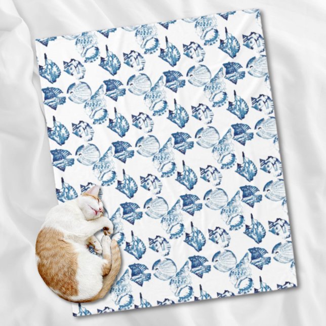 Couverture Polaire littoral chic indigo bleu marine (coastal chic indigo blue ocean watercolor seashell fleece blanket)