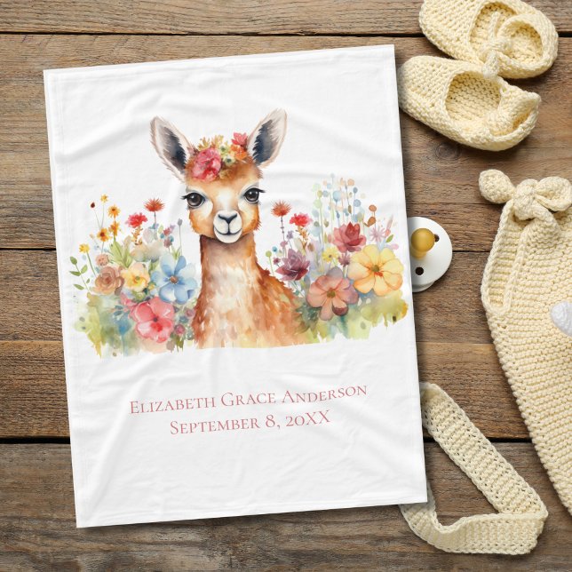 Couverture Polaire Llama personnalisée Fleur sauvage Aquarelle bébé (Llama Floral Watercolor Baby Blanket, with personalized name and birthday. Baby shower gift)
