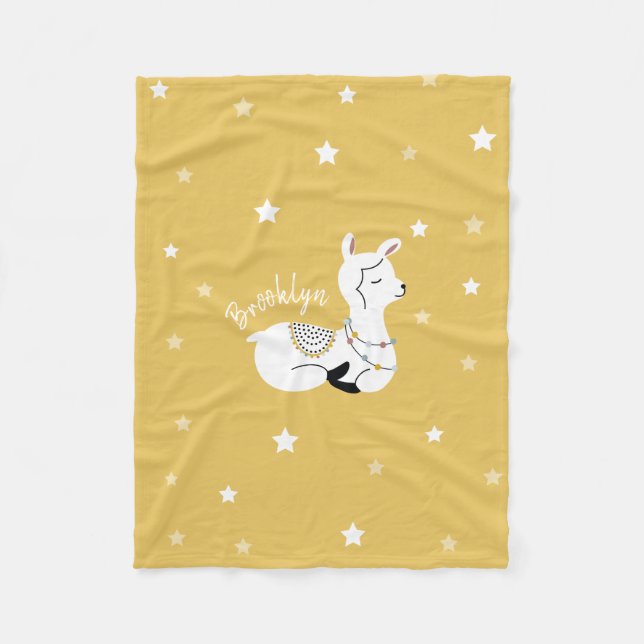 Couverture Polaire Llama Stars Blanche-Toison Jaune Personnalisée (Devant)