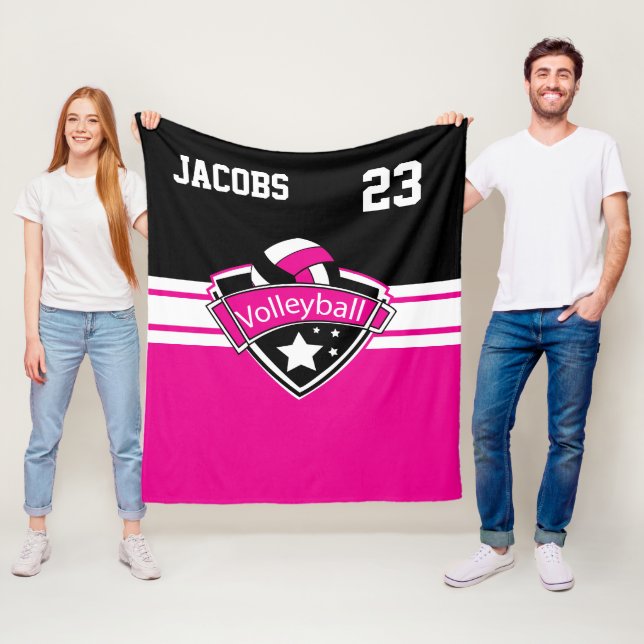 Couverture Polaire Logo de volley-ball en rose chaud, blanc et noir (En situation)