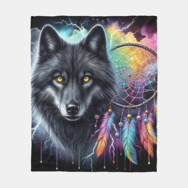 Couverture Polaire Loup noir avec un catcheur de rêves (Devant)