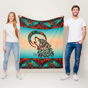 Couverture Polaire Loup Tribal hurlant À La Lune Blanche Fleece