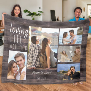 Couverture Polaire Love Life with You 5 Photo Collage Rustic Wood
