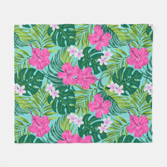 Couverture Polaire Luna Hibiscus Garden Hawaiian - Rose et Turq (Devant (Horizontal))