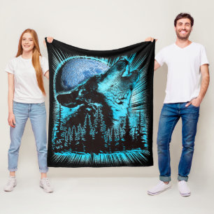 Couverture Polaire Lune de loup hurlant Forêt de pins Art