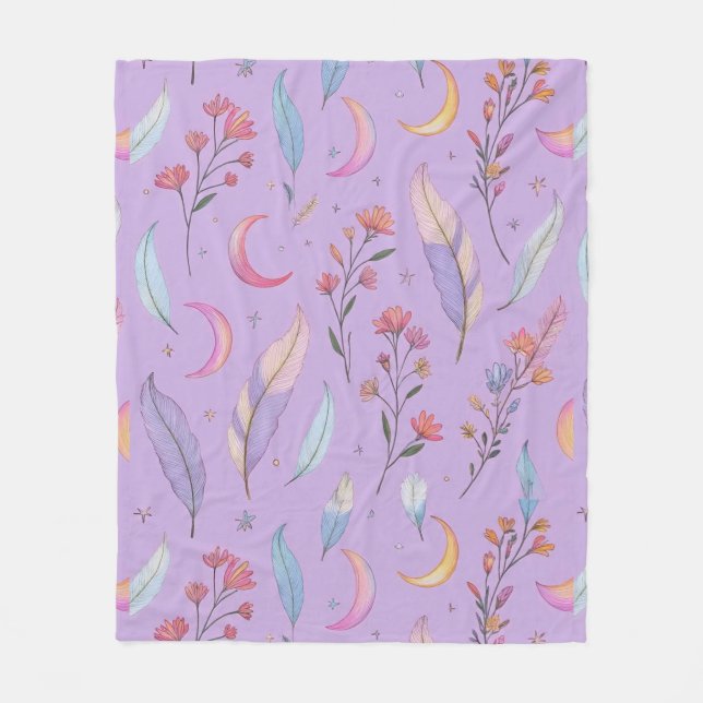 Couverture Polaire Lunes, fleurs et plumes Pastel Purple (Devant)