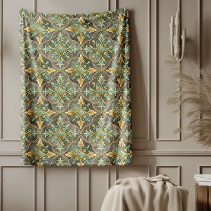 Couverture Polaire Lux Green et Gold Carreaux méditerranéens floral