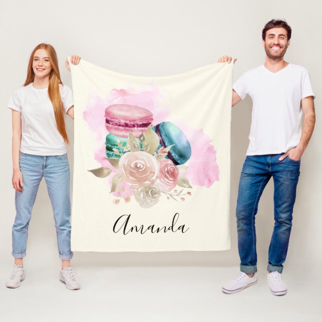 Couverture Polaire Macarons et fleurs colorés Aquarelle (En situation)