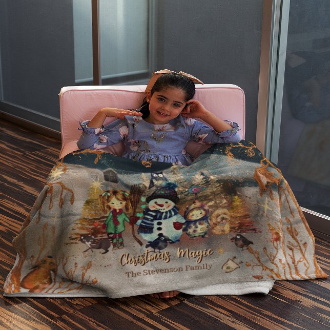 Couverture Polaire Magie de Noël avec Snowman et ses amis ( Cute animals and kids Christmas blue Fleece Blanket  girl mockup)