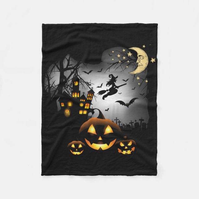 Couverture Polaire Maison hantée - Sorcière volante - Jack-o'-lantern (Devant)