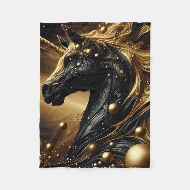 Couverture Polaire Majestic Noir et or Unicorne Design (Devant)