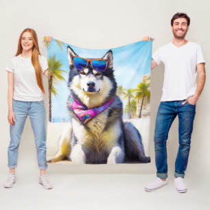 Couverture Polaire Malamute d'Alaska sur la plage, cadeau d'été