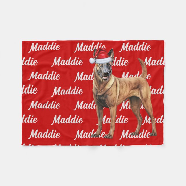 Couverture Polaire Malinois belge en rouge avec nom Chien de Noël (Devant (Horizontal))