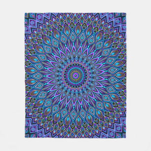 Couverture Polaire Mandala Boho bleu Turquoise violet Peacock coloré