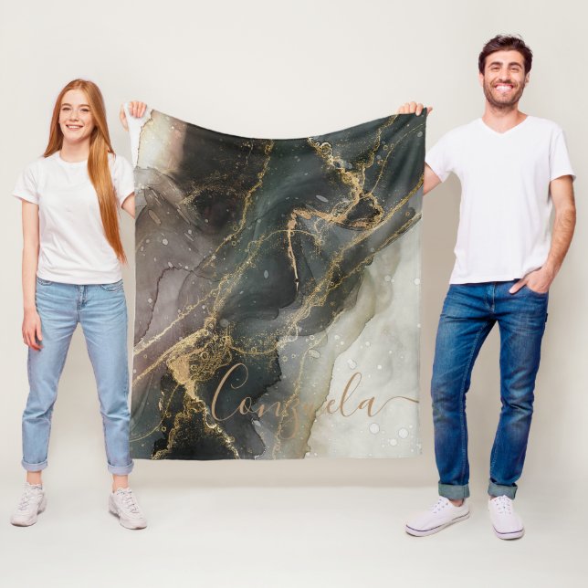 Couverture Polaire Marbre Abstrait d'or noir (En situation)