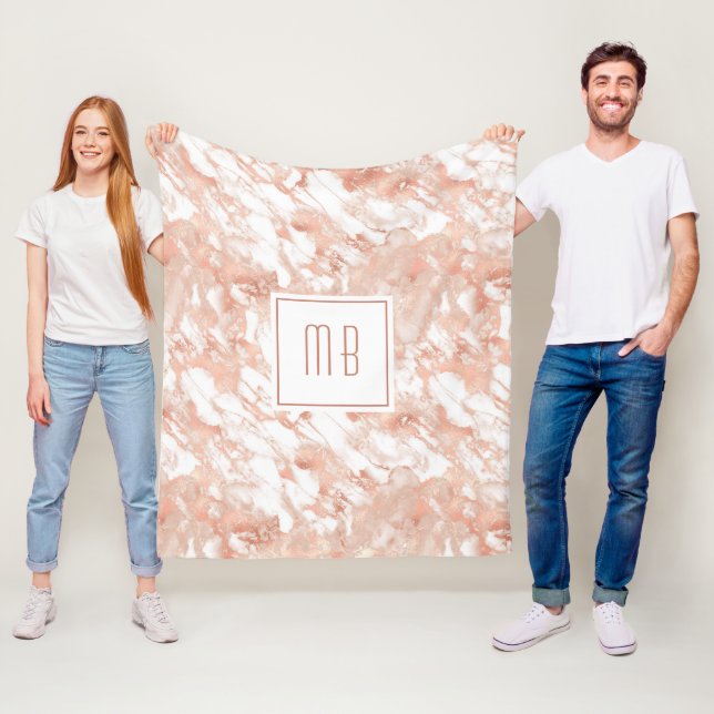Couverture Polaire Marbre blanc d'or Rose Monogramme personnalisé (En situation)