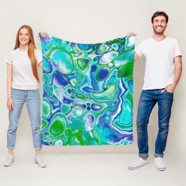 Couverture Polaire Marbre bleu et vert Fluid Art Abstrait (En situation)
