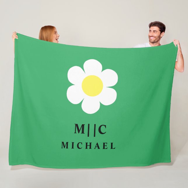 Couverture Polaire marguerite verte et blanche simple moderne monogra (En situation)