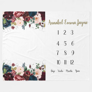 Couverture Polaire Marine, bordeaux floral Bébé 1ère année Jalon Fle