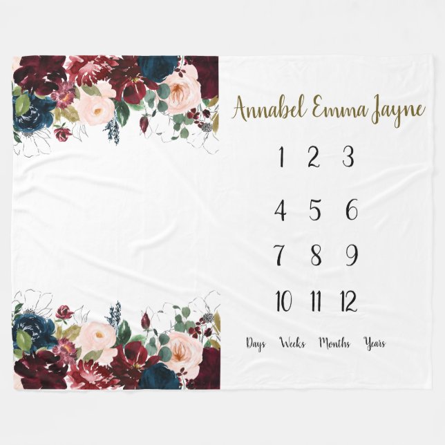 Couverture Polaire Marine, bordeaux floral Bébé 1ère année Jalon Fle (Devant (Horizontal))