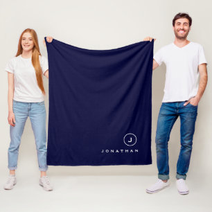 Couverture Polaire Marine et Blanc Médaillon Monogramme simple et