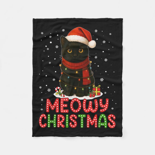 Couverture Polaire Meowy Noël Chapeau de Père Noël Drôle Chat Noir Ho (Devant)