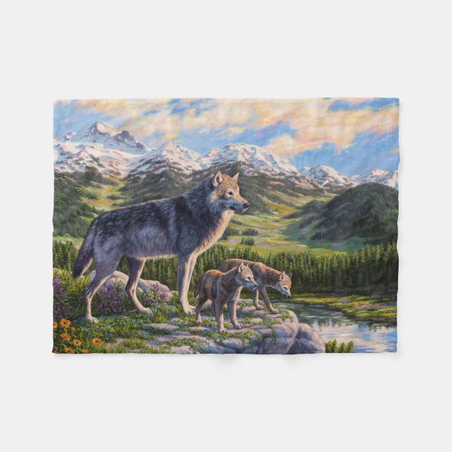 Couverture Polaire Mère Wolf & Pups Mountain River Valley (Devant (Horizontal))