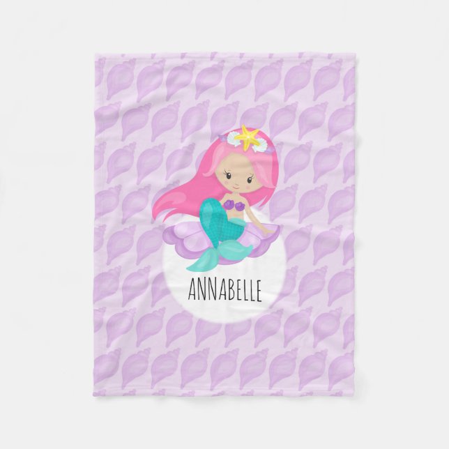 Couverture Polaire Mermaid Princess Girl Kids mignon coquillage pourp (Devant)