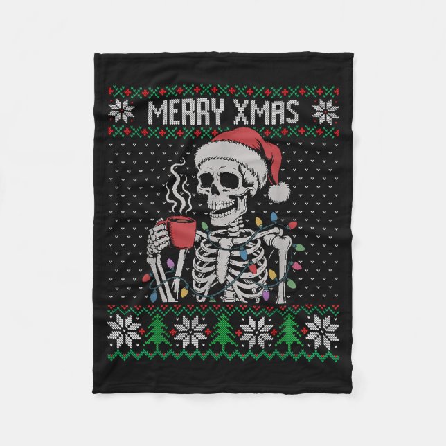 Couverture Polaire Merry Xmas Skeleton Ugly Sweater, Skull Wearing Sa (Devant)
