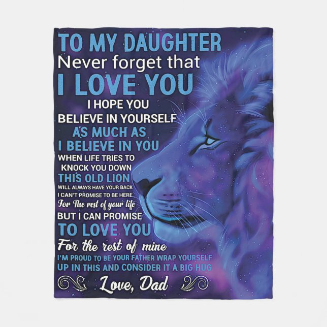 Couverture Polaire Message d'amour à ma fille, Lion bleu, de papa (Devant)