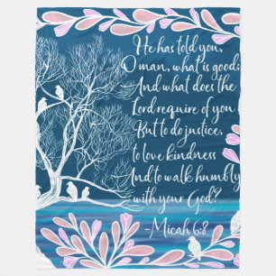 Couverture Polaire Micah 6:8 Turquoise Bleu Blanc Arbre Oiseaux Bible
