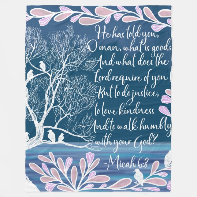 Couverture Polaire Micah 6:8 Turquoise Bleu Blanc Arbre Oiseaux Bible (Devant)
