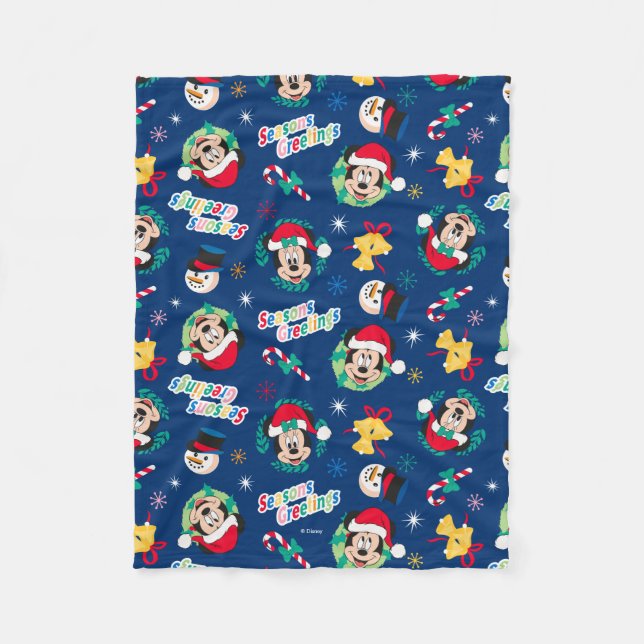 Couverture Polaire Mickey & Minnie | Motif Bonnes Fêtes bleues (Devant)