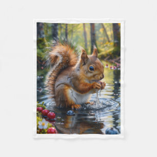 Couverture Polaire Mignon Écureuil Rouge Buvant de l'Eau au Bord d'un